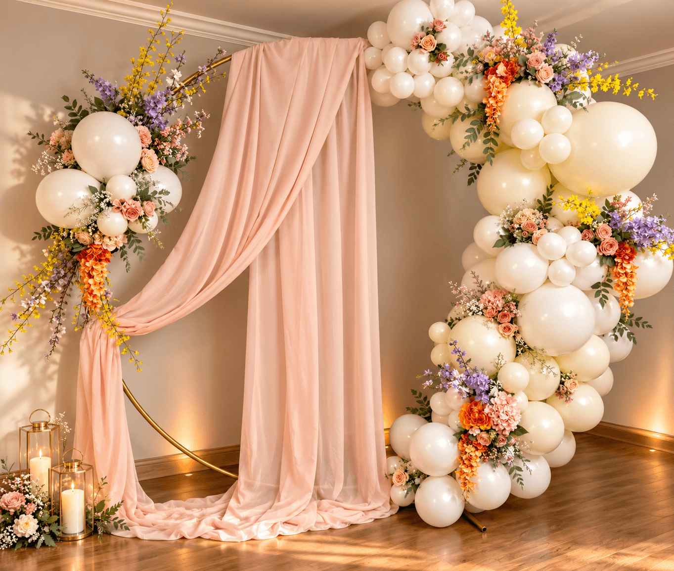 Blush draped backdrop framed by cream balloons and flowers